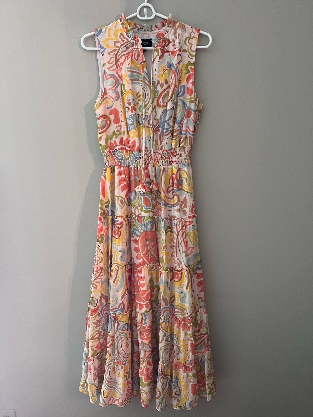 Vionic Sleeveless Multicolor Paisley Maxi Dress in Coral, Yellow & Blue